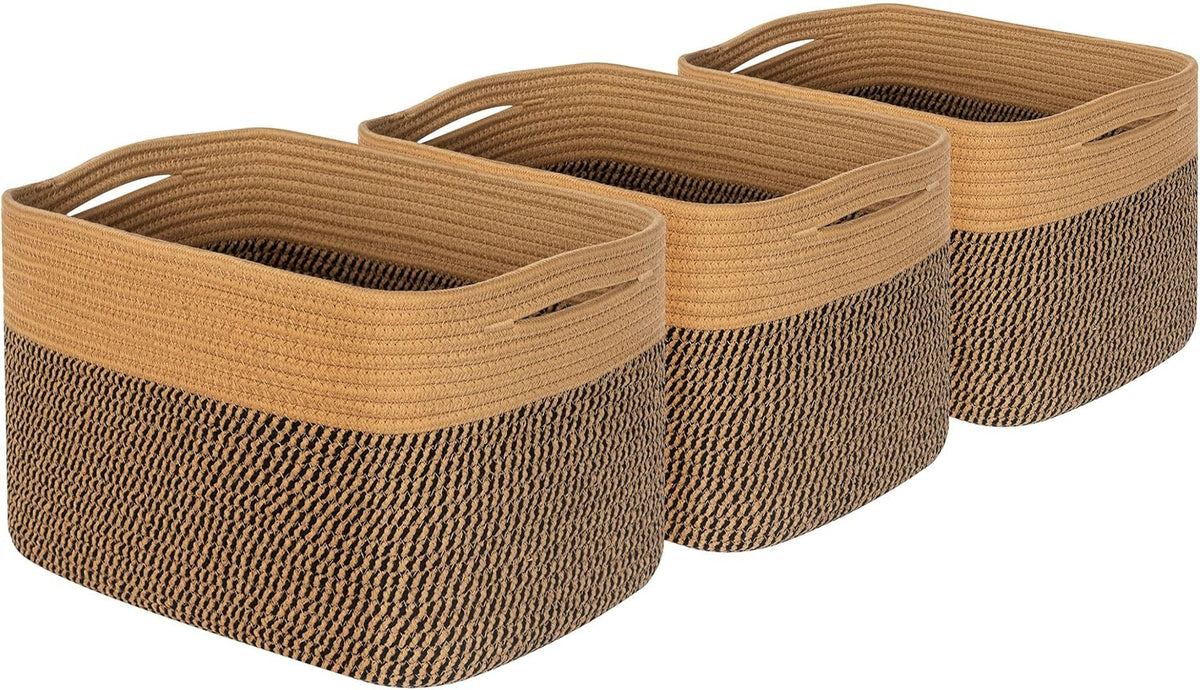 MINTWOOD Design 3-Pack Decorative Woven Storage Baskets for Shelves, Cube Bin Box for Organizing Books, Shoes, Dog Toys, Pantry Closet and Living Room Organizer, Oatmeal Brown