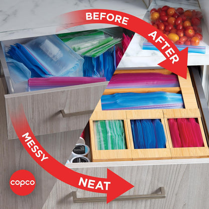 Copco In Drawer or Mounted 4 Compartment Organizer for Plastic, Foil, Wax and Parchment Paper featuring Easy Slide Tabs for Perfect Cut, With 21 Customizable Labels, Bamboo, 13.3 x 11 x 3 Inch