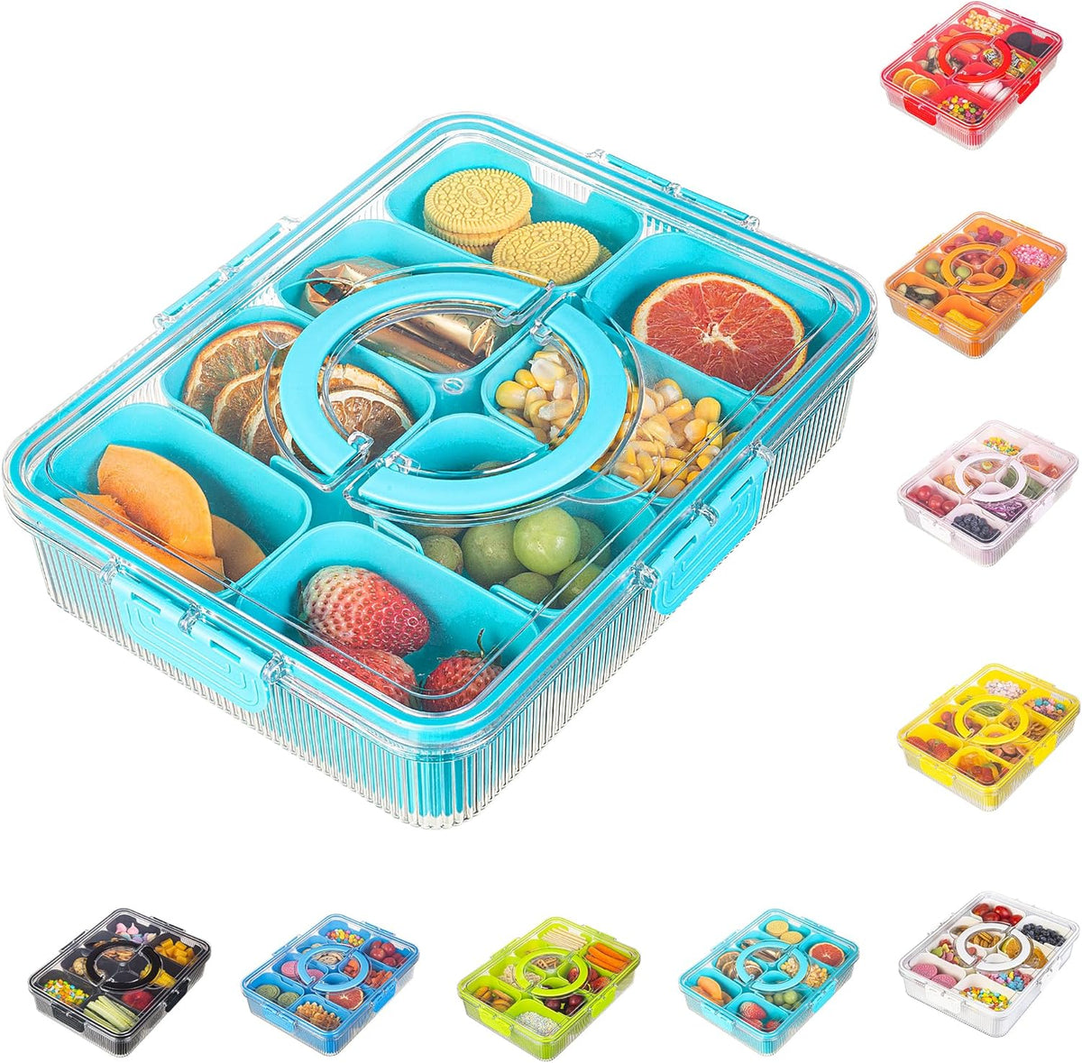 Patent Design Ribbed Snackle Box Container Snack Container Divided Serving Tray with Lid and Handle, 8 Divider Portable Snacklebox for Travel Beach for Charcuterie Veggie Fruit Candy,1 Pack