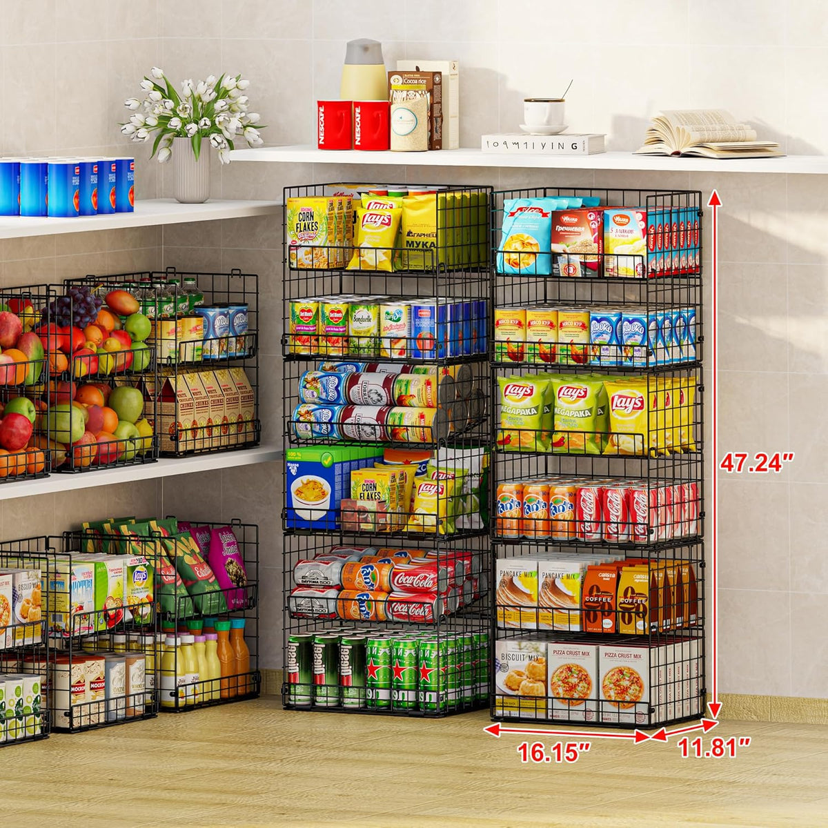 JKsmart 3 Pack XXL Stackable Wire Baskets with Handles for Pantry Storage and Organization, Fruit and Vegetable Basket with Name Plates, Metal Storage Bins for Snack Can Fruit Veggies, XXL