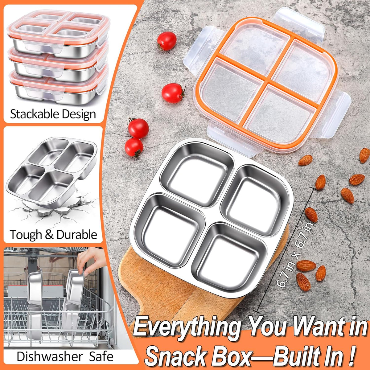 KTKUDY Stainless Steel Snack Containers - Divided Bento Snack Box - 4 Compartment Meal Prep Lunch Containers for Kids Daycare, School, Work, Travel