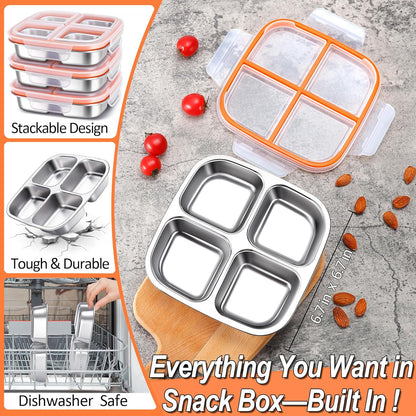 KTKUDY Stainless Steel Snack Containers - Divided Bento Snack Box - 4 Compartment Meal Prep Lunch Containers for Kids Daycare, School, Work, Travel