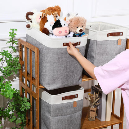 Uiifan 10 Pcs Collapsible Storage Bins Fabric Foldable Storage Basket with Handles Cloth Organizer Linen Shelf Baskets for Shelves Home Closet Nursery Toys(16 x 12 x 10 Inch,Gray and White)