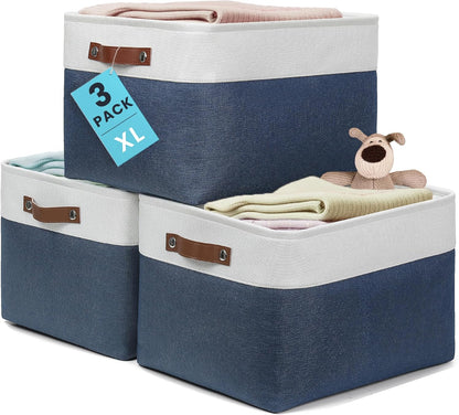 OrganiHaus 12x8in Canvas Storage Baskets 3 Pack | SMALL Fabric Bins for Shelves | Pantry & Bathroom Organizer | Beige/Off-White