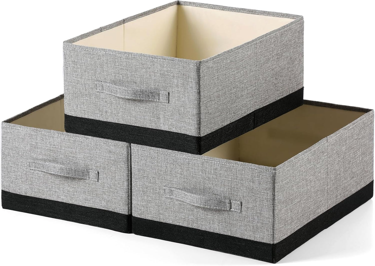 Linen Folding Storage Bins, 3 Pack Large Storage Baskets, Washable, Clothing Storage Bins with Handle, Closet Organizer for Storage Sweater,Sheets(Beige, 18½"x11 x8½)