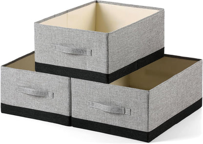 Linen Folding Storage Bins, 3 Pack Large Storage Baskets, Washable, Clothing Storage Bins with Handle, Closet Organizer for Storage Sweater,Sheets(Beige, 18½"x11 x8½)