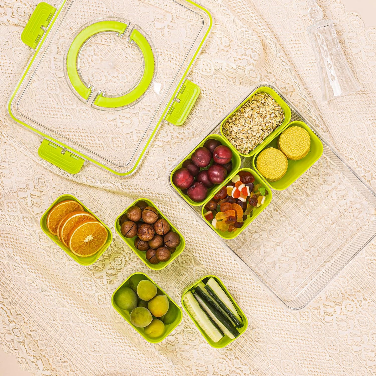 Patent Design Ribbed Snackle Box Container Snack Container Divided Serving Tray with Lid and Handle, 8 Divider Portable Snacklebox for Travel Beach for Charcuterie Veggie Fruit Candy,1 Pack