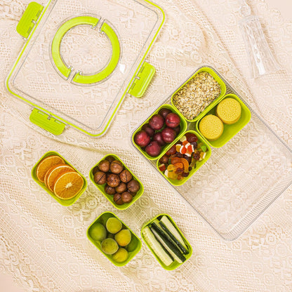 Patent Design Ribbed Snackle Box Container Snack Container Divided Serving Tray with Lid and Handle, 8 Divider Portable Snacklebox for Travel Beach for Charcuterie Veggie Fruit Candy,1 Pack