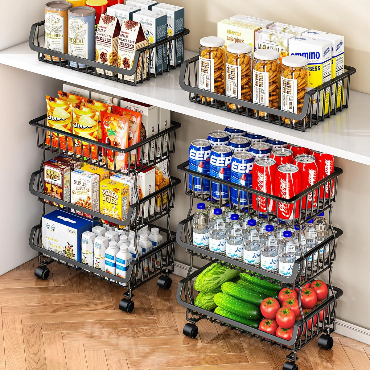 Gsiekare 3-Tier Rolling Pantry Organizer and Storage Cart with Wheels – Stackable Wire Snack Cart for Kitchen, Pantry Shelves and Storage Rack for Fruit, Vegetables, Onion, Potato (1 Pack)