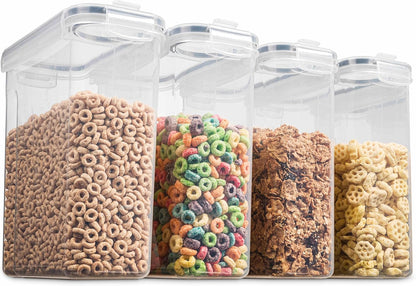 4 Pack Airtight Cereal & Dry Food Storage Container - BPA Free Plastic Kitchen and Pantry Organization Canisters for, Flour, Sugar, Rice, Nuts, Snacks, Pet Food & More (4L, 16.9 Cup, 135.5 Ounce