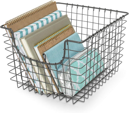 Spectrum Wire Scoop Basket Storage Bin Industrial Gray Medium Metal Wire Basket Organizer for Kitchen Pantry Wire Storage Bins, Heavy Duty Rectangle Wire Storage for Kitchen Organization