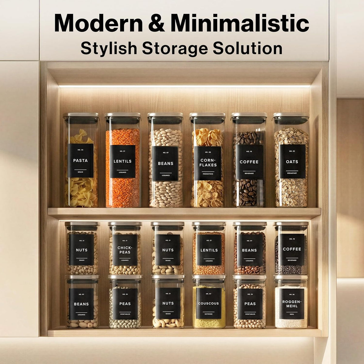 EDELHAUS Square Glass Storage Containers with Bamboo Lids 12-Pack (4x 30 oz, 8x 17 oz) Airtight Glass Storage Jars with Lids for Food, Stackable Glass Kitchen Canisters with 114 Labels for Pantry