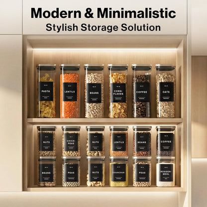 EDELHAUS Square Glass Storage Containers with Bamboo Lids 12-Pack (4x 30 oz, 8x 17 oz) Airtight Glass Storage Jars with Lids for Food, Stackable Glass Kitchen Canisters with 114 Labels for Pantry
