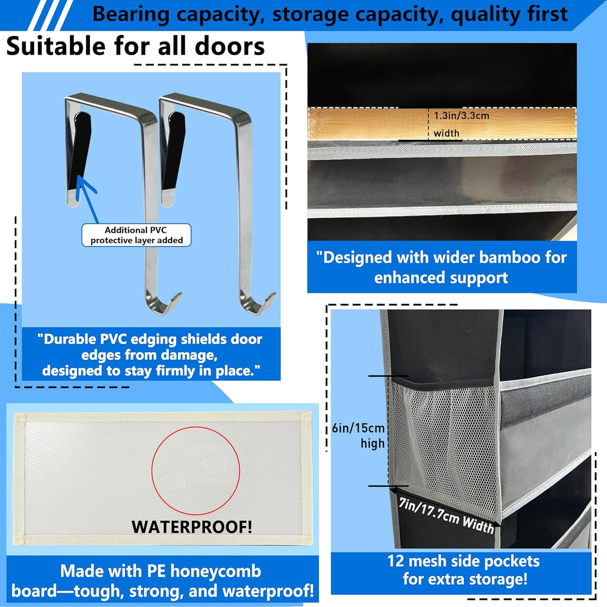 Over the Door Organizer Storage 6 Tier, 12 Large Capacity Side Pockets, Heavy Duty Metal Reinforced Hook Anti Tilt 75 LB Load Behind Door Storage for Bedroom Bathroom Pantry Nursery