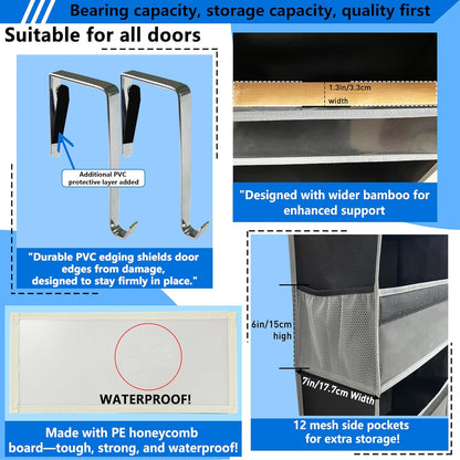 Over the Door Organizer Storage 6 Tier, 12 Large Capacity Side Pockets, Heavy Duty Metal Reinforced Hook Anti Tilt 75 LB Load Behind Door Storage for Bedroom Bathroom Pantry Nursery