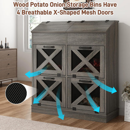 Potato And Onion Storage Bin with Lid,Veggie Bin W/6 Large Storage Box.Root Vegetable Storage Box For Kitchen,Farmhouse Potato Storage Bin W/4 Mesh Doors,Bread Keeper for Toast,Bagel,Donut,Cookies