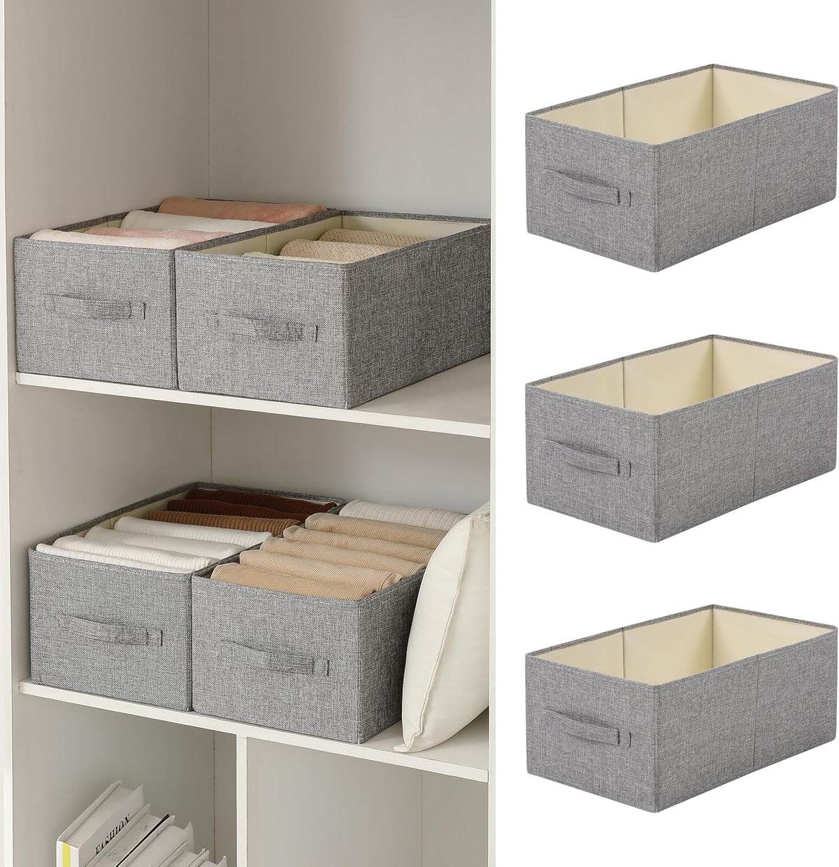 Linen Folding Storage Bins, 3 Pack Large Storage Baskets, Washable, Clothing Storage Bins with Handle, Closet Organizer for Storage Sweater,Sheets(Beige, 18½"x11 x8½)