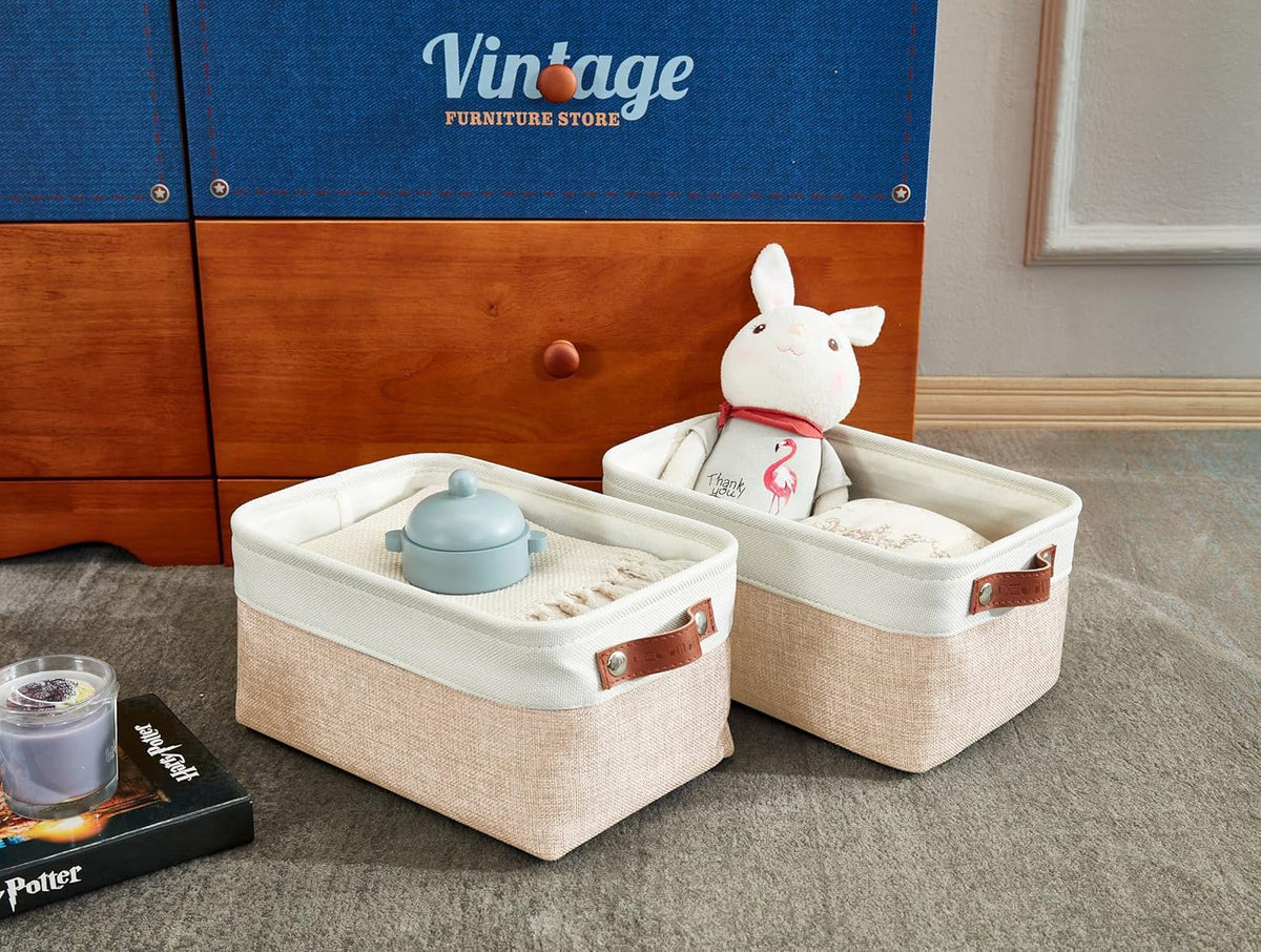 DECOMOMO Storage Bins, Large Fabric Storage Baskets for Shelves, Decorative Linen Closet Organizer, 15 x 11 x 9.5 inches (Beige & White, 3 Pack)