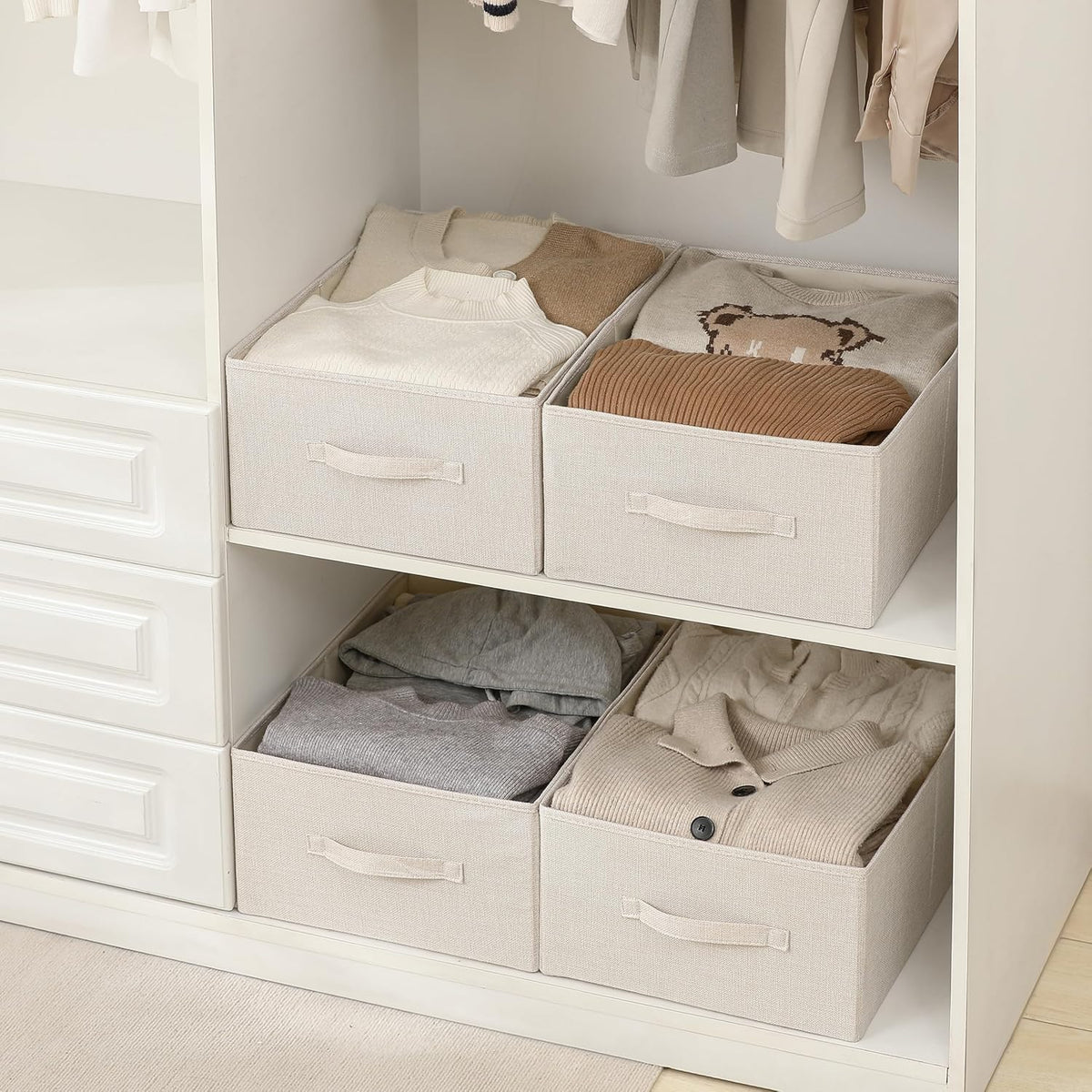 Linen Folding Storage Bins, 3 Pack Large Storage Baskets, Washable, Clothing Storage Bins with Handle, Closet Organizer for Storage Sweater,Sheets(Beige, 18½"x11 x8½)