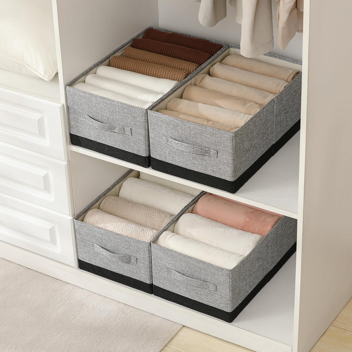 Linen Folding Storage Bins, 3 Pack Large Storage Baskets, Washable, Clothing Storage Bins with Handle, Closet Organizer for Storage Sweater,Sheets(Beige, 18½"x11 x8½)