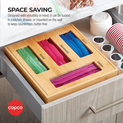 Copco In Drawer or Mounted 4 Compartment Organizer for Plastic, Foil, Wax and Parchment Paper featuring Easy Slide Tabs for Perfect Cut, With 21 Customizable Labels, Bamboo, 13.3 x 11 x 3 Inch