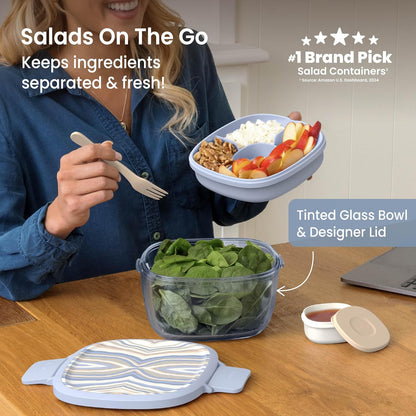 Bentgo Glass Prints Salad Container - 7.6-Cup Tinted Glass Salad Bowl with Airtight Lid, Leak-Proof Sauce Container, 4-Compartment Bento Meal Prep Tray & Reusable Fork (Floral Maximalist - Sea)