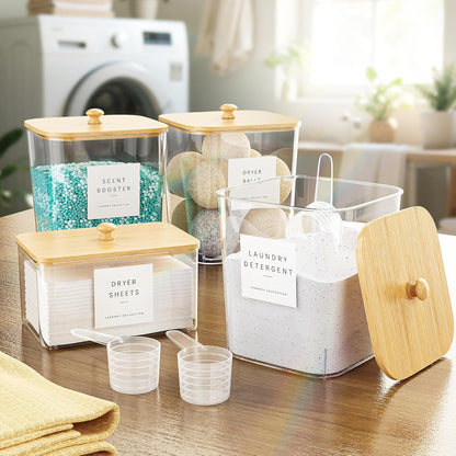 4 Pack Laundry Pods Container, Clear Laundry Room Organization Containers Essentials, Large Detergent Powder Storage Containers Black Wooden Lids & Labels Signs, Home Acrylic Laundry Pods Holder