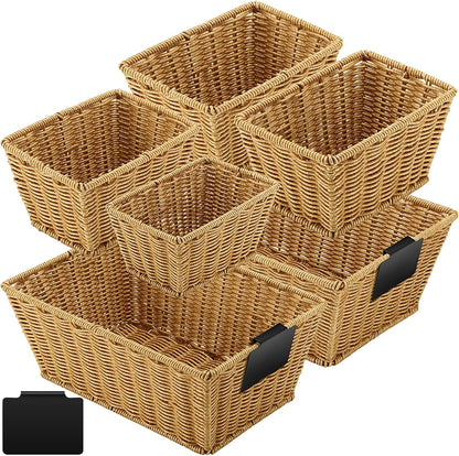 Marsui 6 Pcs Wicker Storage Baskets with Labels Handwoven Multi-size Brown Wicker Storage Bins for Organizing Small Baskets Container for Shelves Closet Pantry Toilet(Brown )