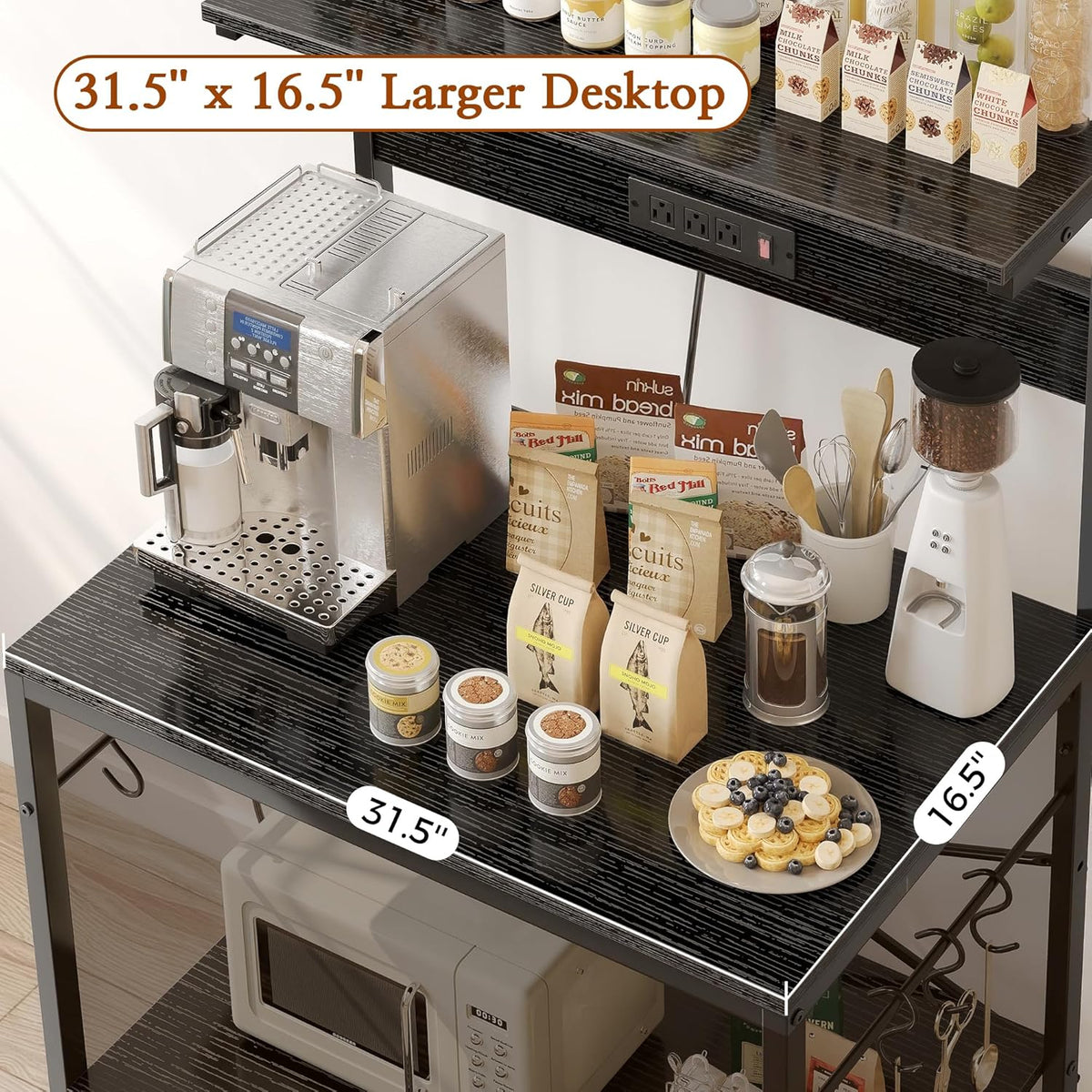 SUPERJARE Kitchen Bakers Rack with Power Outlet, Coffee Bar Table 4 Tiers, Kitchen Microwave Stand with 6 S-shaped Hooks, Storage Shelf Rack for Spices, Pots and Pans - Rustic Brown