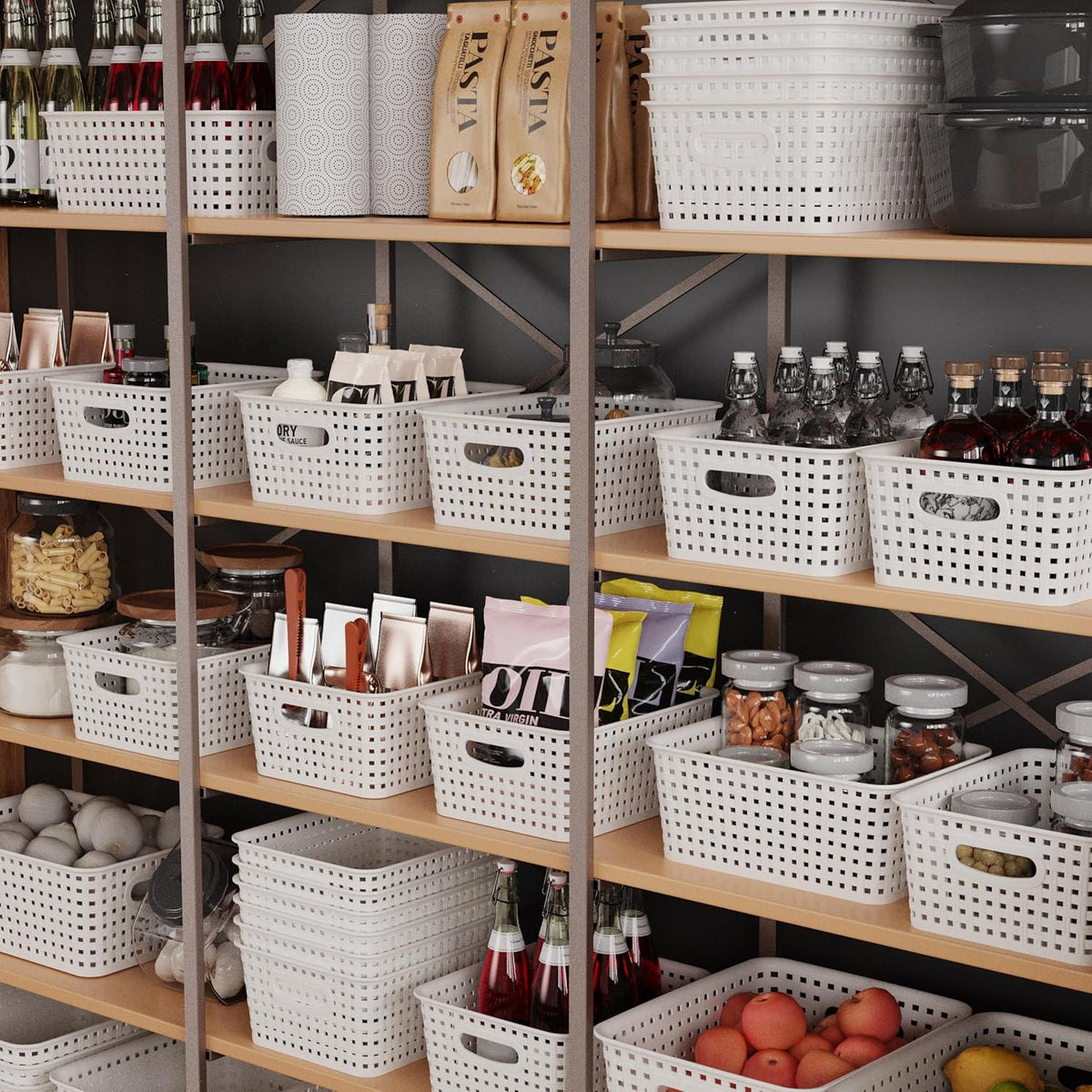 Khaki Stackable Storage Baskets, Plastic Weave Basket Organizer and Storage Set of 12, Pantry Organizing Baskets for Shelves, Kitchens, Bathrooms, Classrooms, Cabinets and Bedrooms