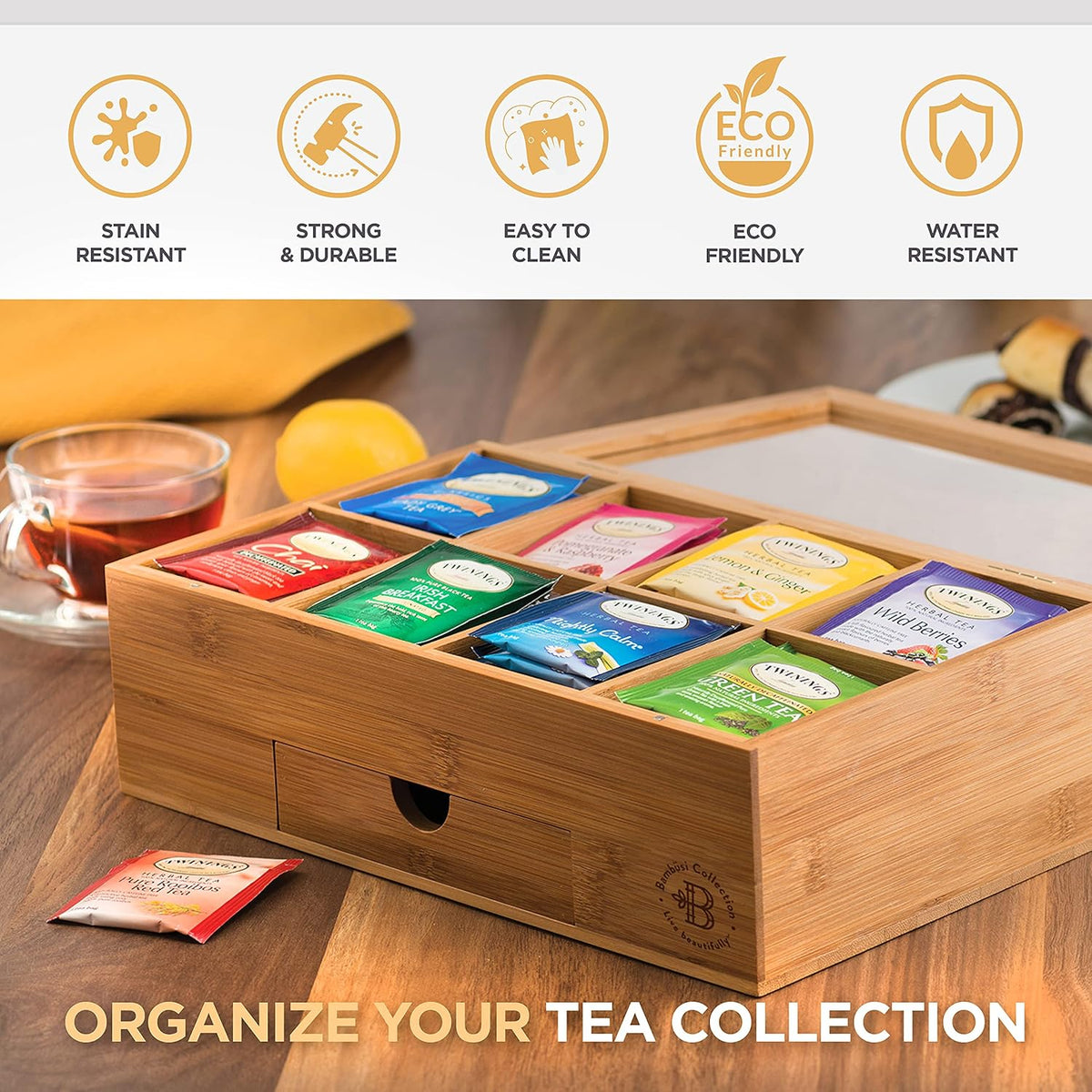 Tea Bag Organizer with Drawer - Bamboo Tea Box Organizer, 8-Compartment Tea Storage Box with Acrylic Lid and Magnetic Closure, Tea Box for Kitchen Counter, Gifts for Mom, Wife, Tea Lovers
