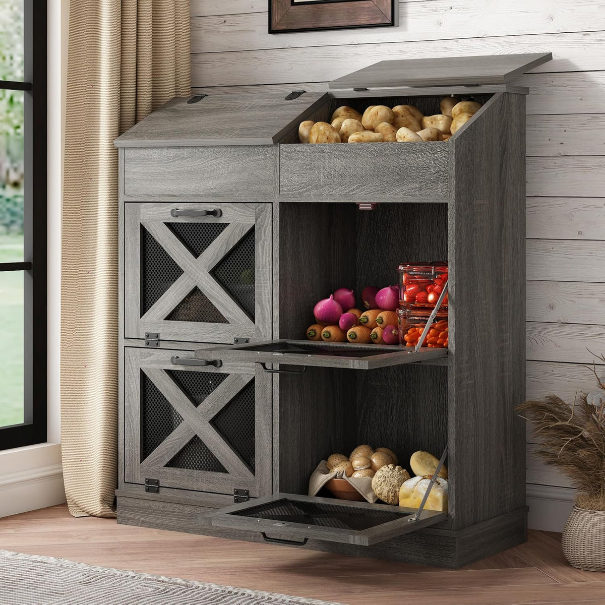 Potato And Onion Storage Bin with Lid,Veggie Bin W/6 Large Storage Box.Root Vegetable Storage Box For Kitchen,Farmhouse Potato Storage Bin W/4 Mesh Doors,Bread Keeper for Toast,Bagel,Donut,Cookies