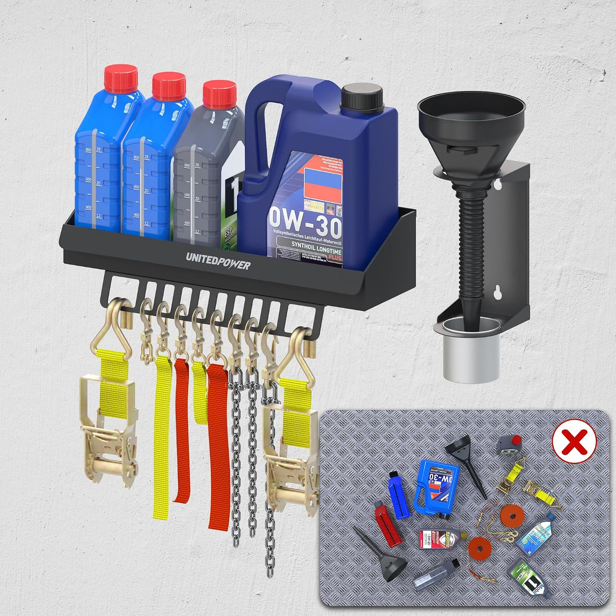 UNITEDPOWER 6 Quart Motor Oil Storage Rack, Bottle Shelf Mount Caddy With Funnel, Enclosed Race Trailer Shop Garage Organizer