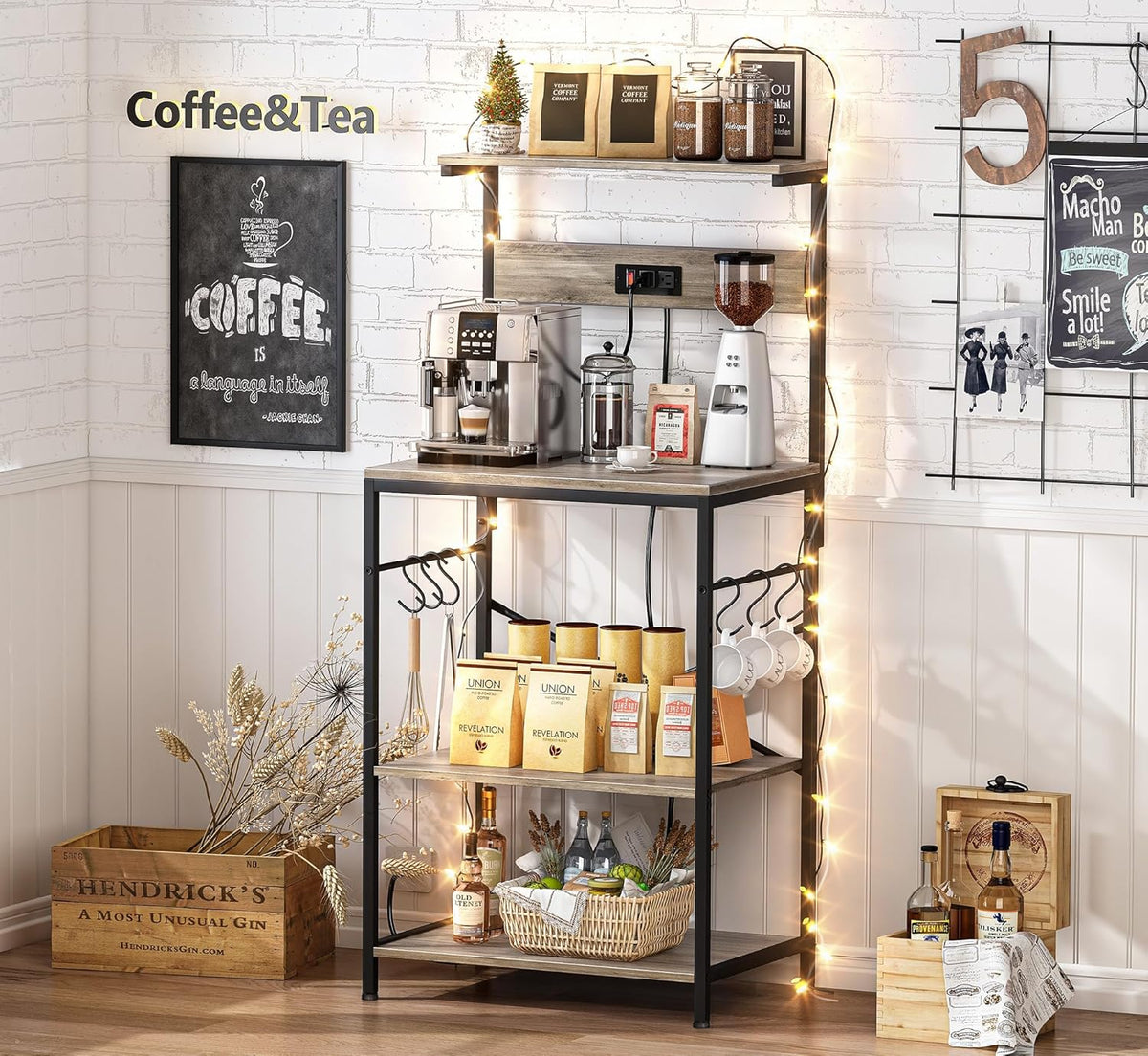 SUPERJARE Kitchen Bakers Rack with Power Outlet, Coffee Bar Table 4 Tiers, Kitchen Microwave Stand with 6 S-shaped Hooks, Storage Shelf Rack for Spices, Pots and Pans - Rustic Brown