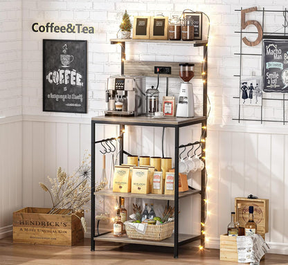 SUPERJARE Kitchen Bakers Rack with Power Outlet, Coffee Bar Table 4 Tiers, Kitchen Microwave Stand with 6 S-shaped Hooks, Storage Shelf Rack for Spices, Pots and Pans - Rustic Brown