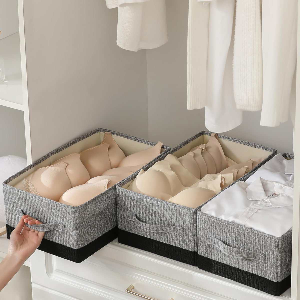 Linen Folding Storage Bins, 3 Pack Large Storage Baskets, Washable, Clothing Storage Bins with Handle, Closet Organizer for Storage Sweater,Sheets(Beige, 18½"x11 x8½)