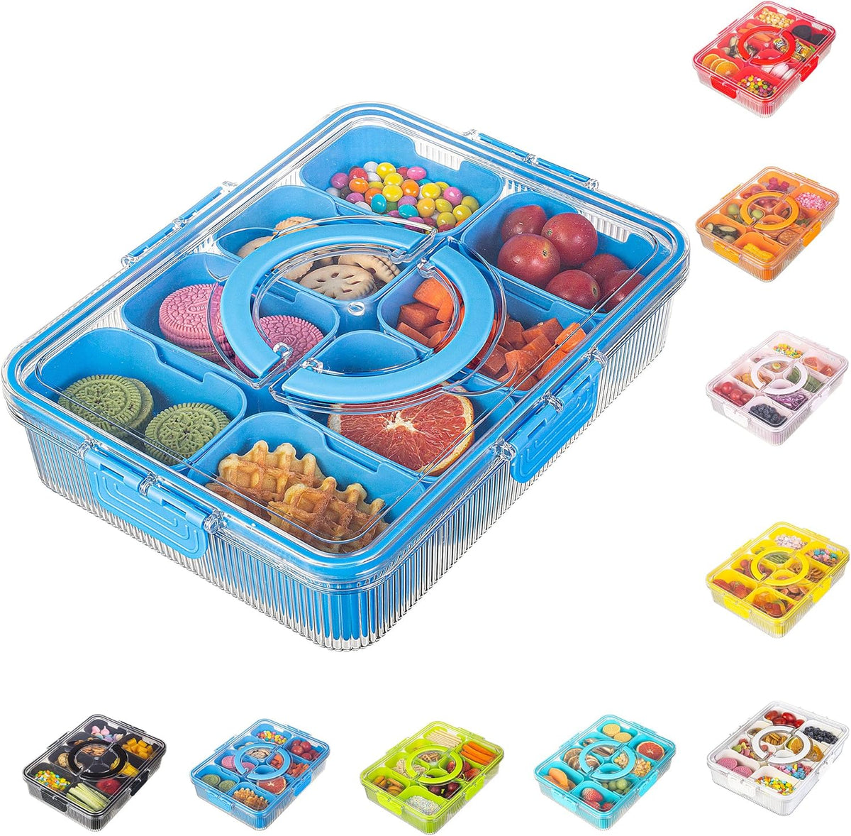 Patent Design Ribbed Snackle Box Container Snack Container Divided Serving Tray with Lid and Handle, 8 Divider Portable Snacklebox for Travel Beach for Charcuterie Veggie Fruit Candy,1 Pack