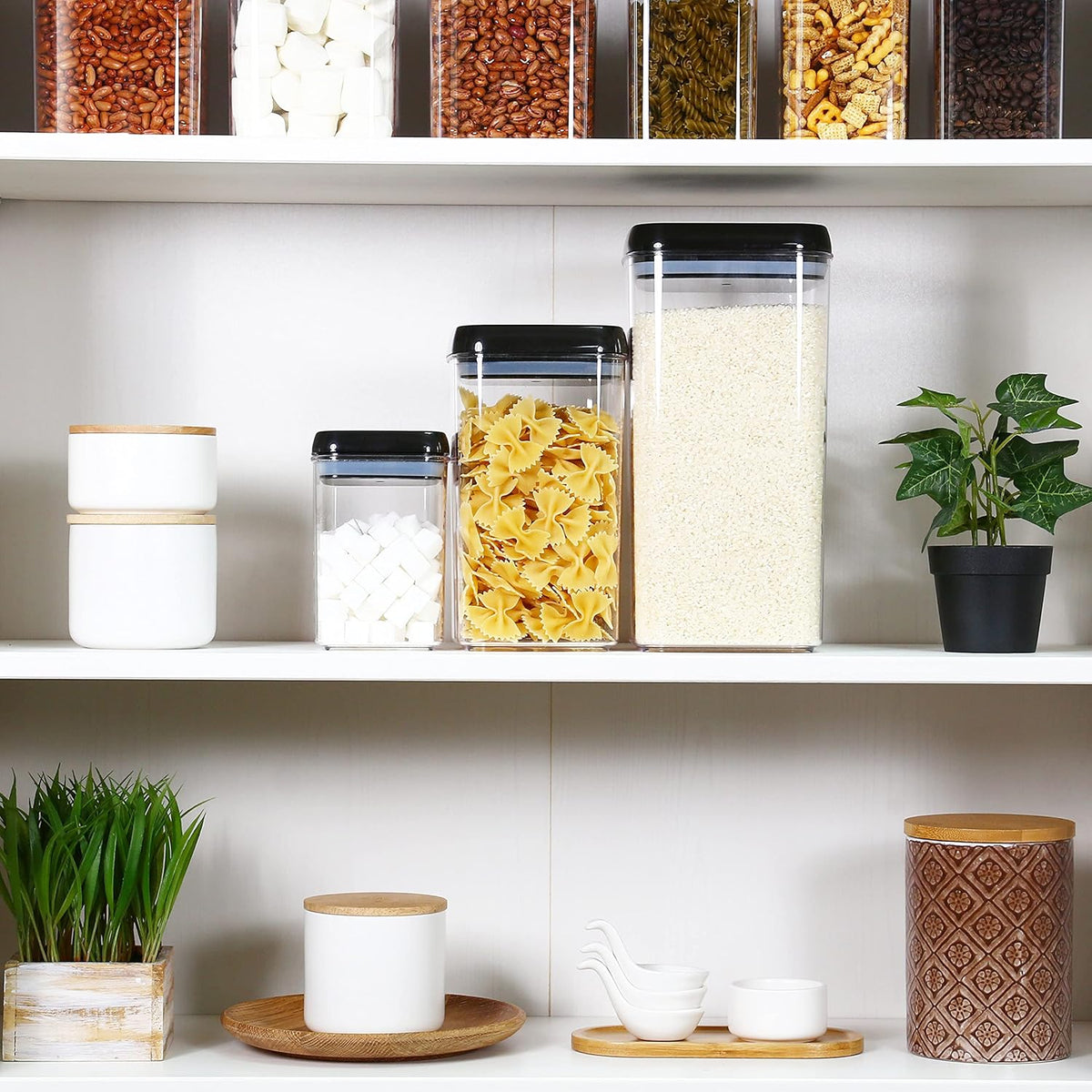 Felli Flip Tite Storage Container with Built-In Spoon & Airtight Lid 5” Large-M Ring Flip Top, Stackable Acrylic Canister for Sugar Flour Powder, Kitchen Pantry Organizer (1.8qt), 2 spoons