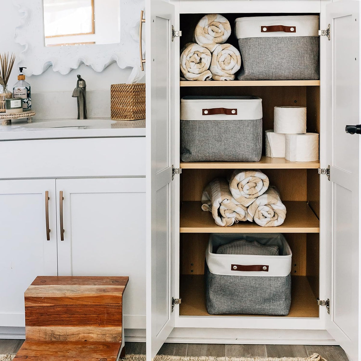 OrganiHaus 12x8in Canvas Storage Baskets 3 Pack | SMALL Fabric Bins for Shelves | Pantry & Bathroom Organizer | Beige/Off-White