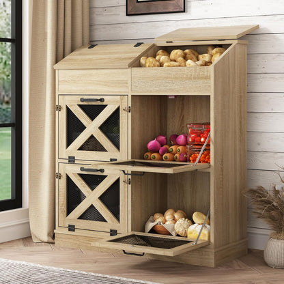 Potato And Onion Storage Bin with Lid,Veggie Bin W/6 Large Storage Box.Root Vegetable Storage Box For Kitchen,Farmhouse Potato Storage Bin W/4 Mesh Doors,Bread Keeper for Toast,Bagel,Donut,Cookies