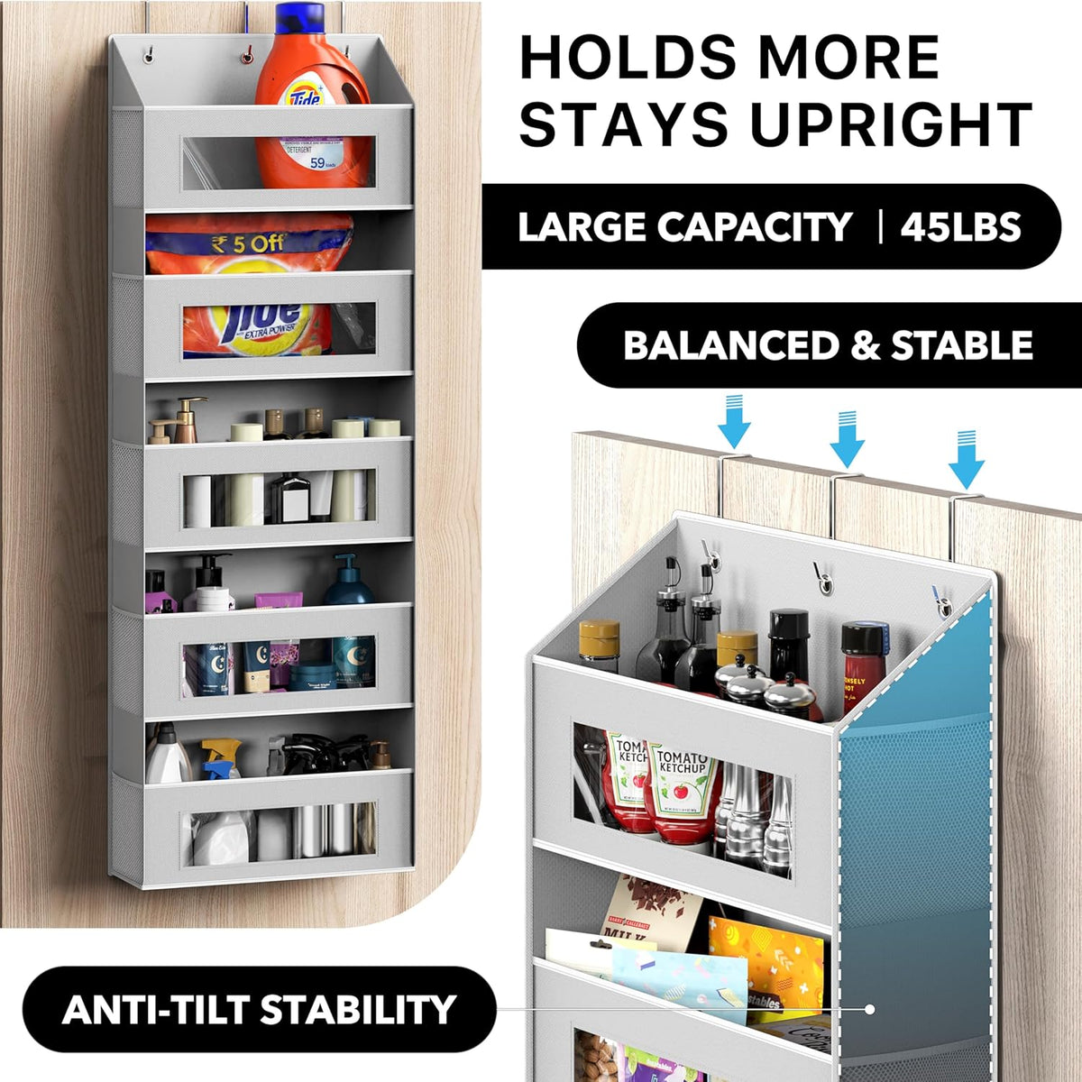 Simple Houseware Large Heavy Duty Over the Door Organizer with 5 Clear Window Pockets, 45 lbs Capacity for Pantry, Closet, Bathroom, Gray