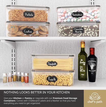 Chef's Path Airtight Food Storage Containers with Lids (Set of 4/3.6 Liters Each), Plastic Spaghetti Container for Pasta & Dry Food Storage, BPA Free Pantry Organizer Set with Kitchen Accessories