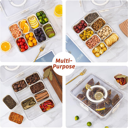 Dingerjar Divided Serving Tray with Lid and Handle - Snackle Box Charcuterie Container for Portable Snack Platters - Clear Organizer for Candy, Fruits, Nuts, Snacks - Perfect for Party, Entertaining