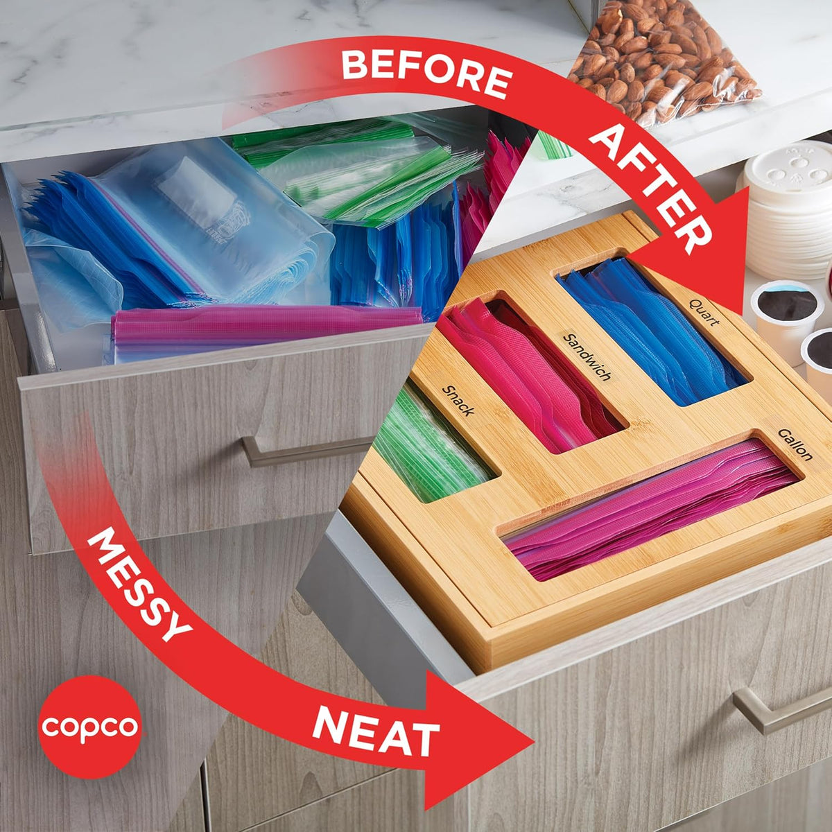Copco In Drawer or Mounted 4 Compartment Organizer for Plastic, Foil, Wax and Parchment Paper featuring Easy Slide Tabs for Perfect Cut, With 21 Customizable Labels, Bamboo, 13.3 x 11 x 3 Inch