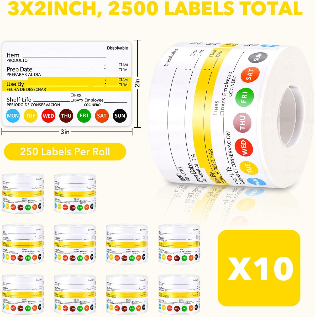 10 Rolls 2500 Pcs Restaurant Quality Shelf Life Food Rotation Labels Vinyl 2” x 3” Self-Adhesive Removable Freezer Food Labels Perfect for Reusable Containers Food Safety Date Sticker, Easy to Remove