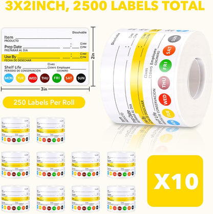 10 Rolls 2500 Pcs Restaurant Quality Shelf Life Food Rotation Labels Vinyl 2” x 3” Self-Adhesive Removable Freezer Food Labels Perfect for Reusable Containers Food Safety Date Sticker, Easy to Remove