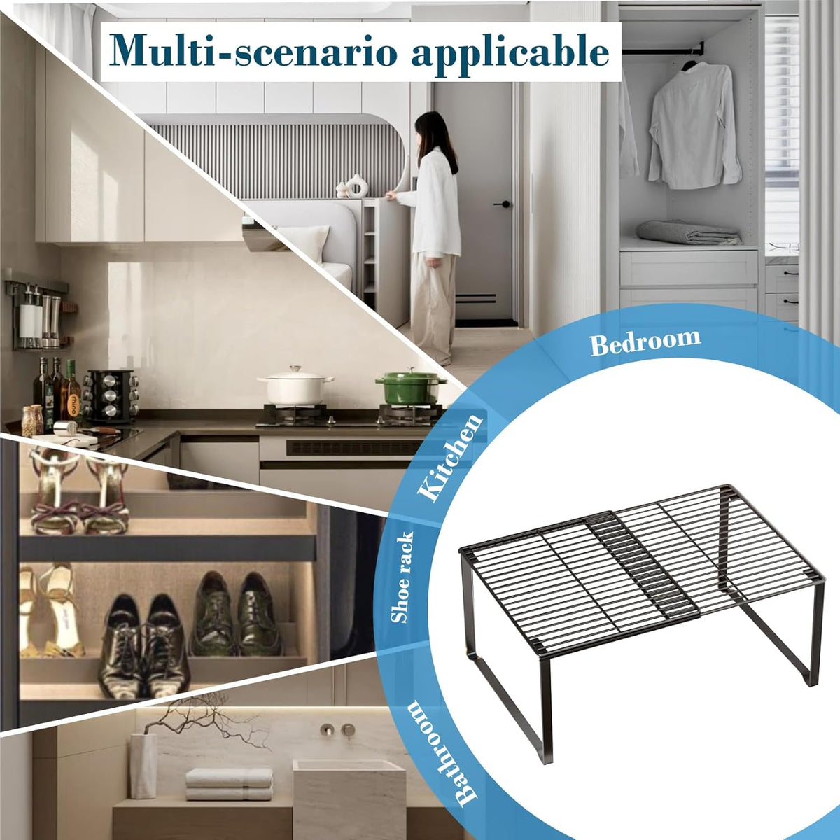 Extendable Metal Wire Shelf Organizer - Adjustable 15-24.4in Length, Stackable Storage Rack for Kitchen/Pantry/Bathroom/Shoe Cabinet/Tool Closet (1,Black)