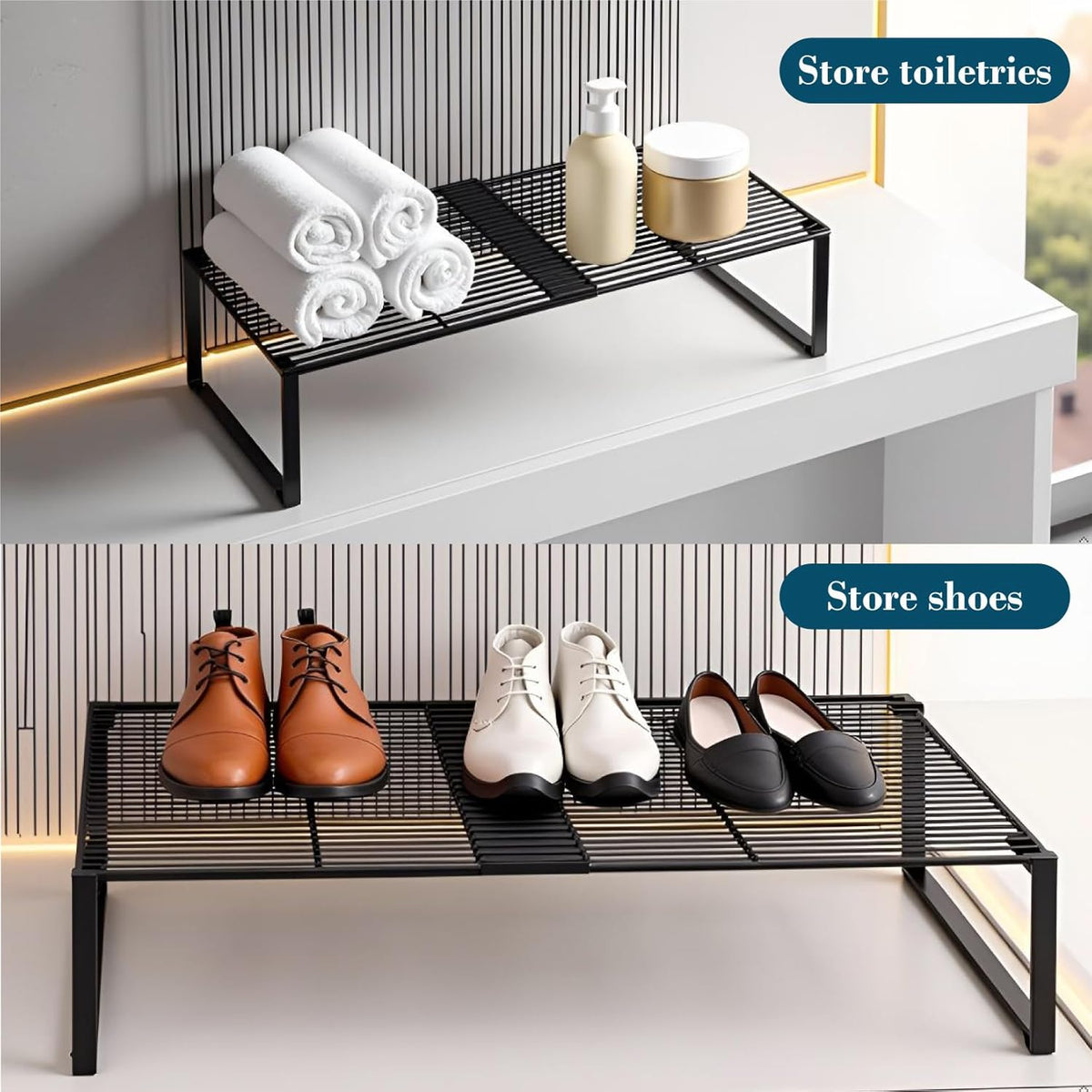 Extendable Metal Wire Shelf Organizer - Adjustable 15-24.4in Length, Stackable Storage Rack for Kitchen/Pantry/Bathroom/Shoe Cabinet/Tool Closet (1,Black)