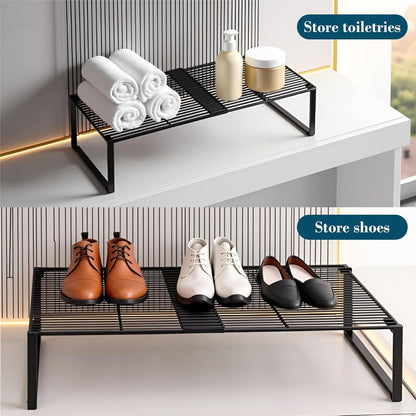 Extendable Metal Wire Shelf Organizer - Adjustable 15-24.4in Length, Stackable Storage Rack for Kitchen/Pantry/Bathroom/Shoe Cabinet/Tool Closet (1,Black)