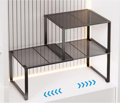 Extendable Metal Wire Shelf Organizer - Adjustable 15-24.4in Length, Stackable Storage Rack for Kitchen/Pantry/Bathroom/Shoe Cabinet/Tool Closet (1,Black)